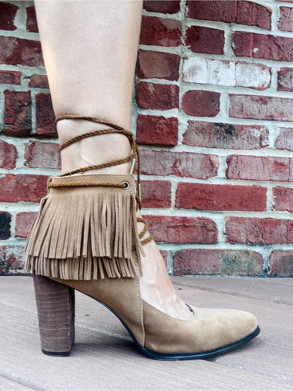 Joyfolie Tan Suede Fringe Lace-Up Heels